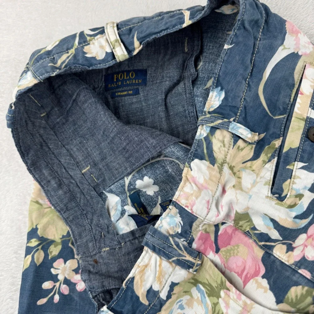 Polo Ralph Lauren Floral Shorts Mens 32 Blue Linen Blend Straight Fit‎ Tropical